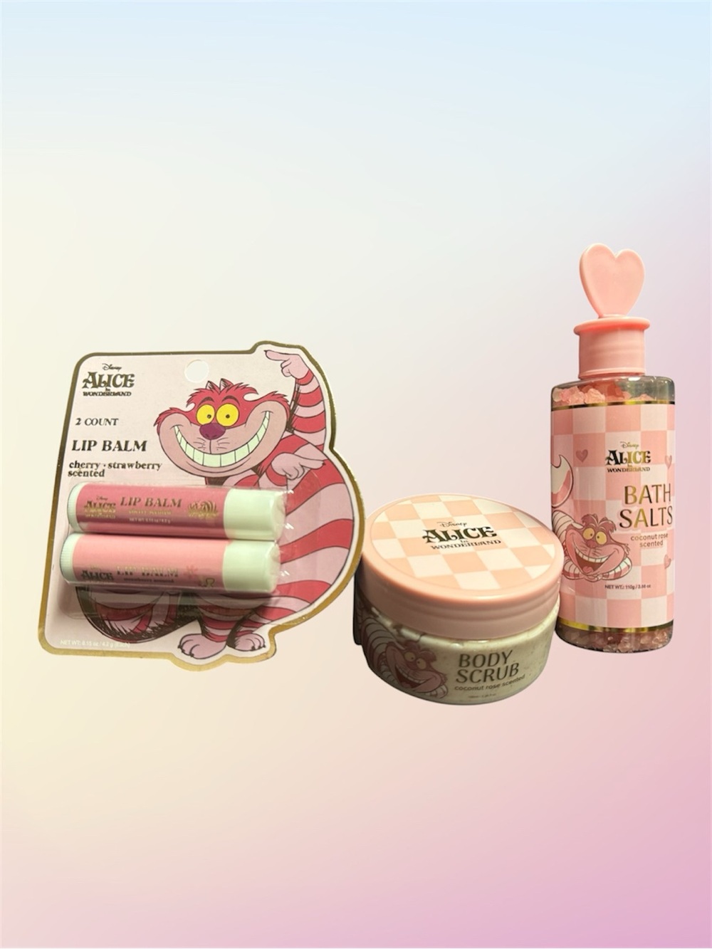 Disney Alice in Wonderland Body Scrub, Bath Salts & Lip Balm Set Cheshire Cat